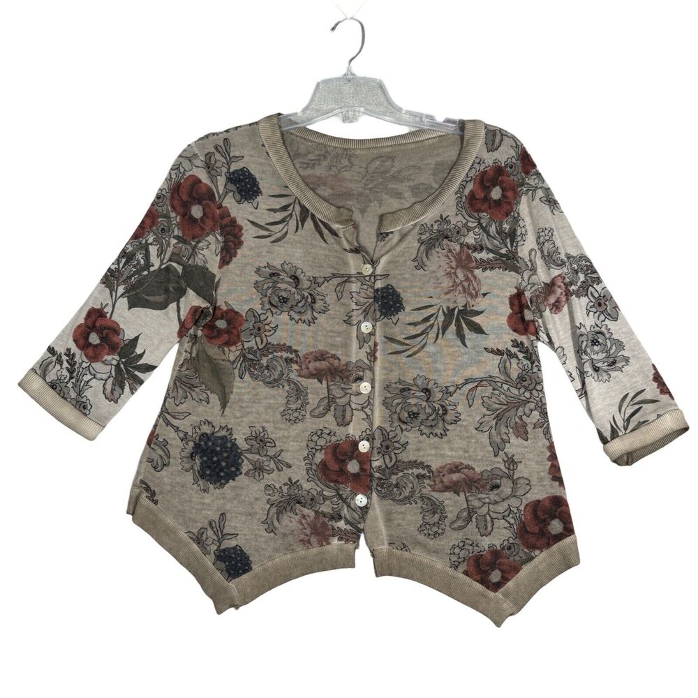 Tempo Paris Sweater Women Small Medium Brown Wash Floral Cardigan Preppy Boho